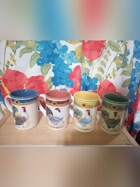 Gibson Rooster Mugs Set with Blue, Red, Yellow & Green Interiors